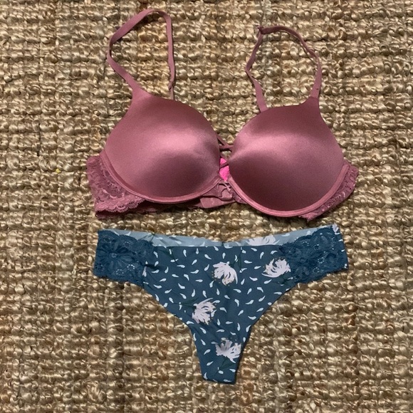 Pink push up bra with blue pink pattern panties